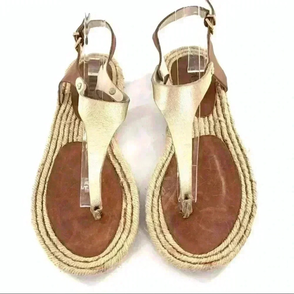 Anna Luz sandals size 6 37 tan gold leather t-strap Espadrilles beach resort - Picture 1 of 13